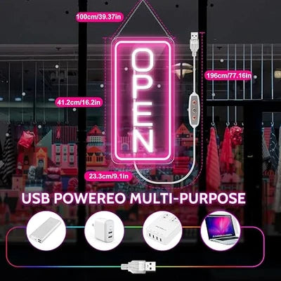 OPEN LED Store Signs – 22.8×11.8 Inch | 12V Powered Pink & White Glow Light | Horizontal & Vertical Style with US Plug for  Store Entrances & Business Locations