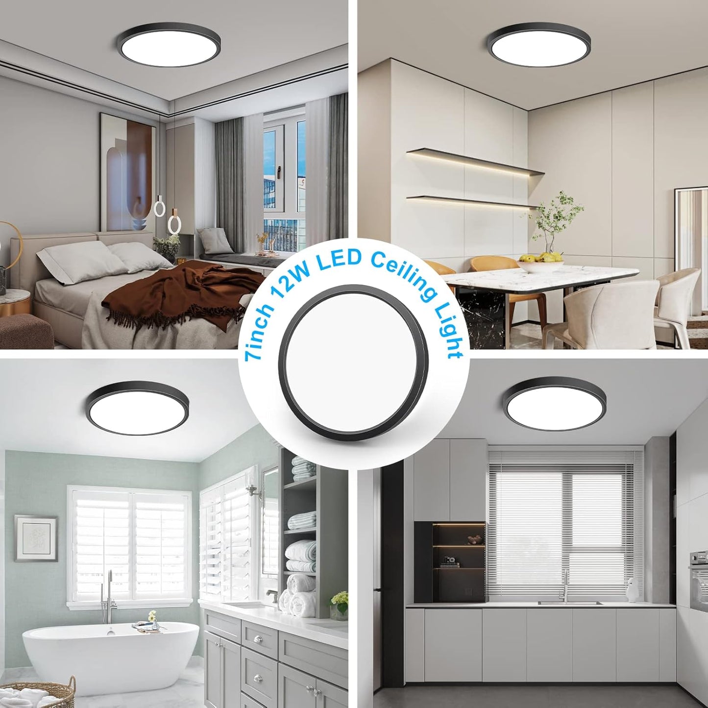 inShareplus 7inch LED Ceiling Light Fixture, Black 12W(120W Equiv) 5000K Daylight White Flush Mount Ceiling Lights, Super Bright, Ultra-Thin, 1500LM Ceiling Lamp for Bedroom, Kitchen, Office, Hallway [Energy Class F]