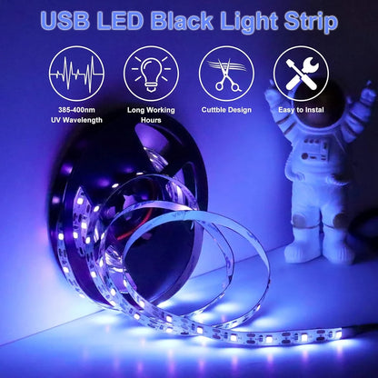 385–400nm SMD3528 USB Powered UV Blacklight LED Strip | 5V | 60 LEDs/m | Non-Waterproof | For Blacklight, Party & Glow Decoration