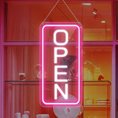 OPEN LED Store Signs – 22.8×11.8 Inch | 12V Powered Pink & White Glow Light | Horizontal & Vertical Style with US Plug for  Store Entrances & Business Locations
