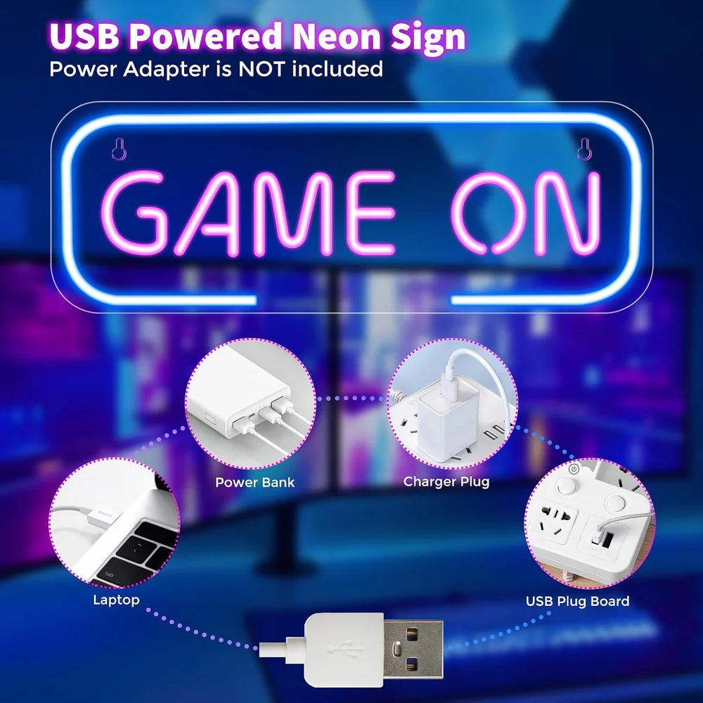 15.7×5.6 Inch Neon Wall Decor – GAME ON Silicone Neon Sign – 5V USB Powered Dimmable Blue & Pink Glow LED Wall Light | Neon Lamp with Accessories Included | Hanging Gaming Decor for Gaming Room, Bedroom, Setup & Party Spaces