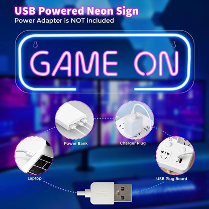 15.7×5.6 Inch Neon Wall Decor – GAME ON Silicone Neon Sign – 5V USB Powered Dimmable Blue & Pink Glow LED Wall Light | Neon Lamp with Accessories Included | Hanging Gaming Decor for Gaming Room, Bedroom, Setup & Party Spaces