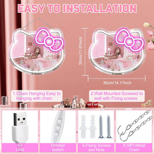 inShareplus Anime Hello Kit Neon Sign Mirror Vanity, 14"x12" Cute Cat LED Neon Lights Gifts, 5V USB Dimmable Light Up Wall Mirror for Teen Girl Gift, Bedroom, Room Decor, Dressing Table