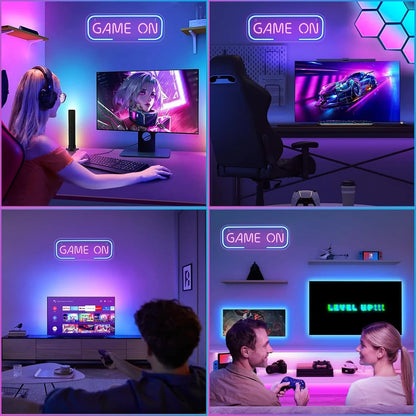 15.7×5.6 Inch Neon Wall Decor – GAME ON Silicone Neon Sign – 5V USB Powered Dimmable Blue & Pink Glow LED Wall Light | Neon Lamp with Accessories Included | Hanging Gaming Decor for Gaming Room, Bedroom, Setup & Party Spaces