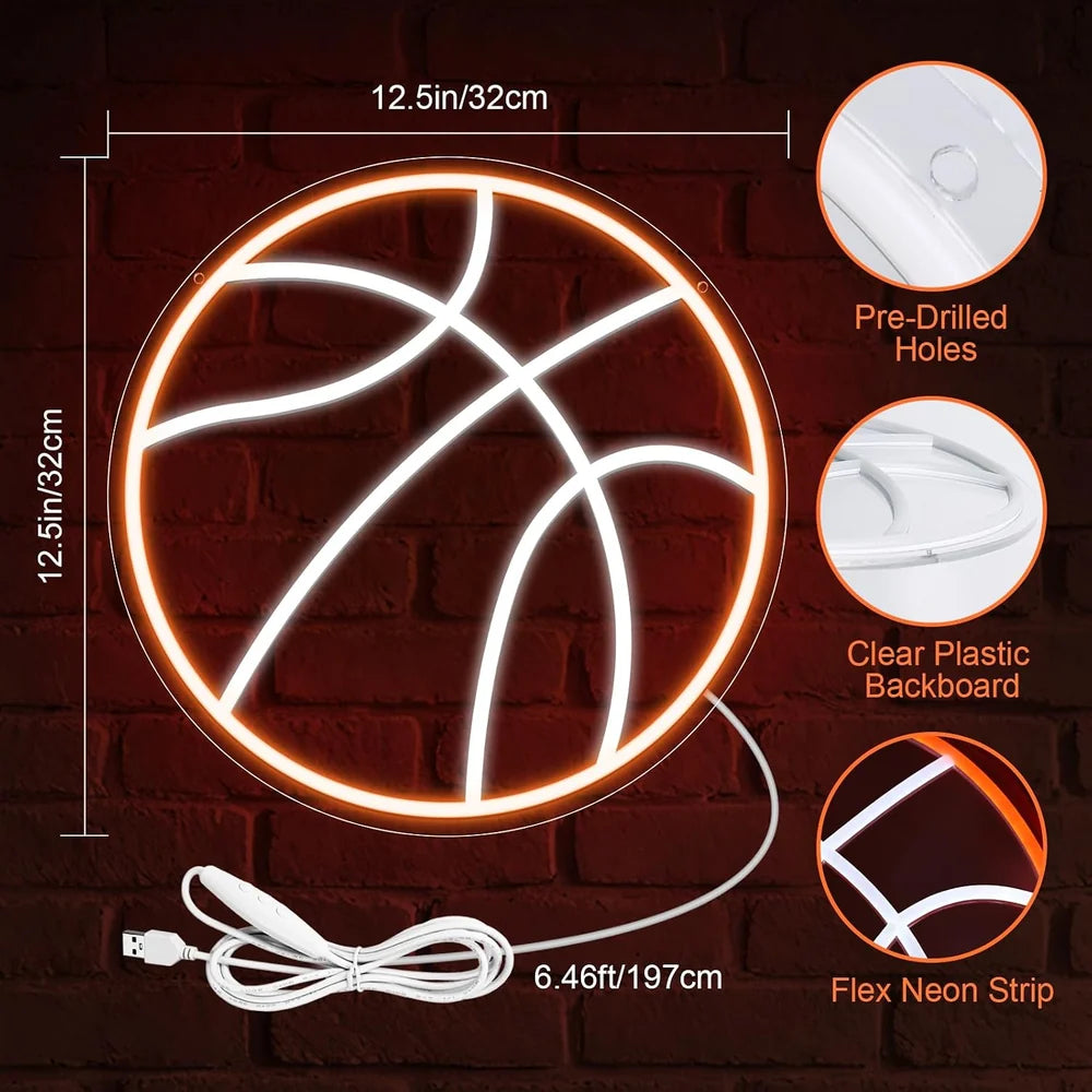 12.5×12.5 Inch Neon Wall Decor – Basketball Silicone Neon Sign – 5V USB Powered Dimmable Orange & White Glow LED Wall Light | Neon Lamp with Accessories Included | Hanging Sports Decor for Bedroom, Game Room, Bar & Party Spaces