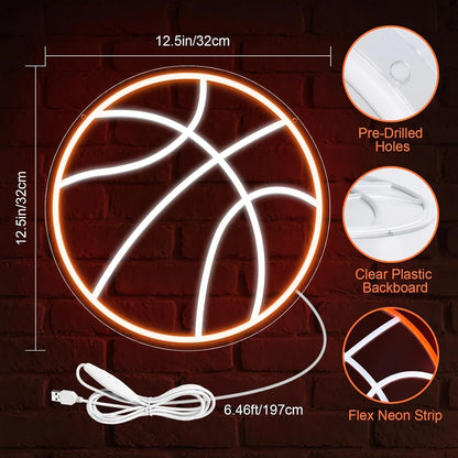 12.5×12.5 Inch Neon Wall Decor – Basketball Silicone Neon Sign – 5V USB Powered Dimmable Orange & White Glow LED Wall Light | Neon Lamp with Accessories Included | Hanging Sports Decor for Bedroom, Game Room, Bar & Party Spaces