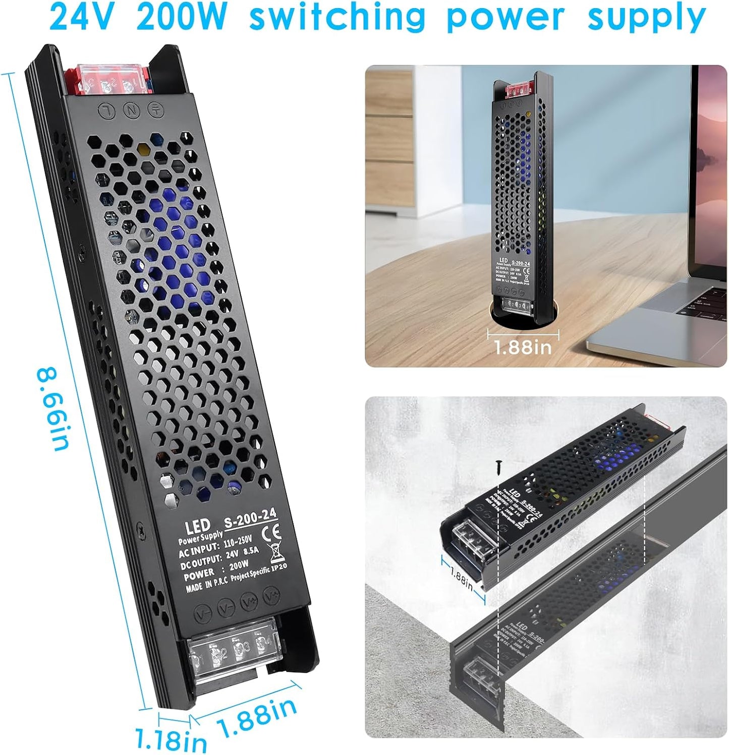 inShareplus DC 24V 8.5A 200W Switching Power Supply, AC 110~250V to 24 Volt Universal DC Transformer Driver, LED Power Supply, Converter Adapter for LED Strip Light,Camera