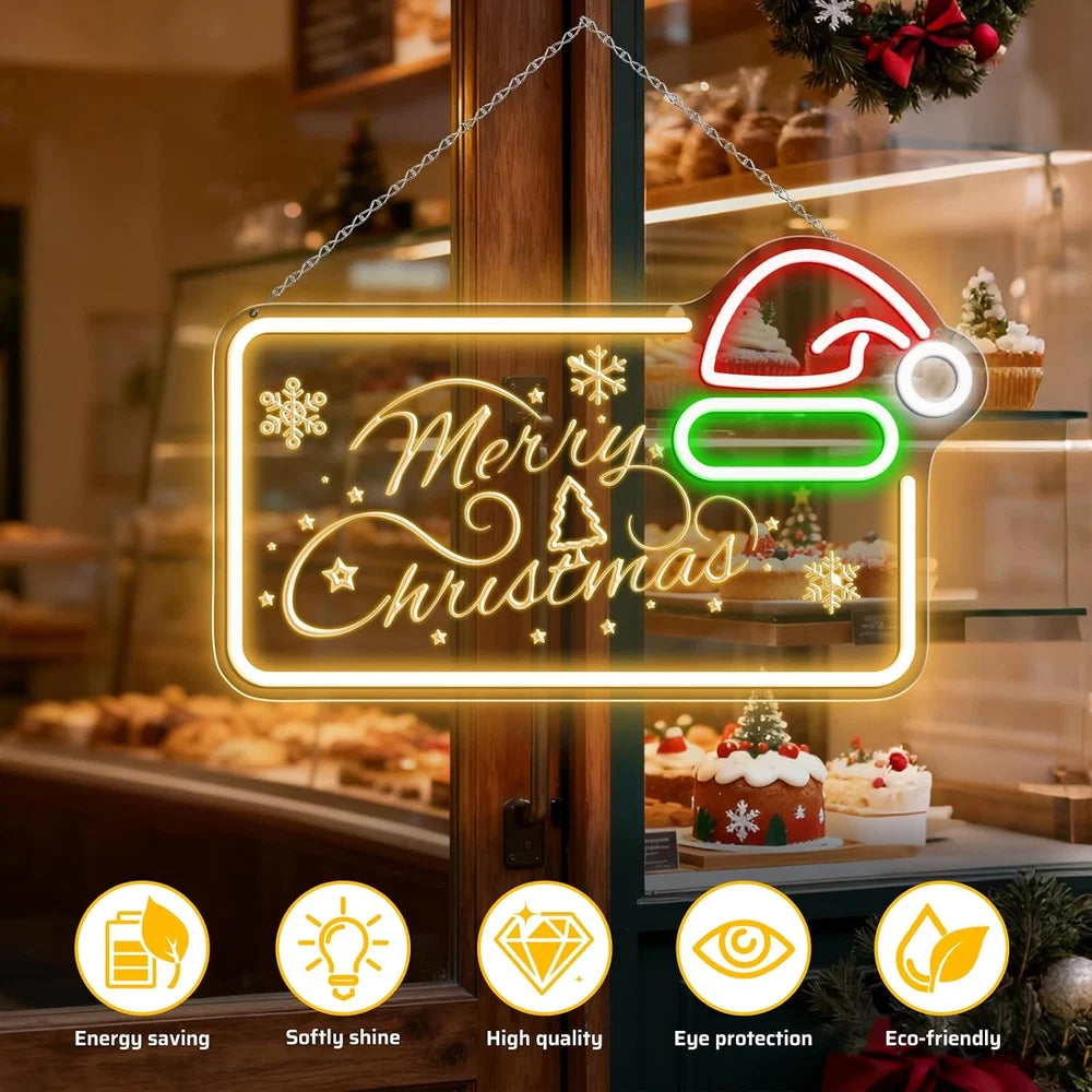 16.5×10 Inch Neon Wall Decor– MERRY CHRISTMAS Silicone Neon Sign with Santa Hat | Yellow, Red, Green & White Glow Neon Lamp with Accessories Included | Hanging Holiday Decor for Christmas Party, Bedroom & Home Spaces