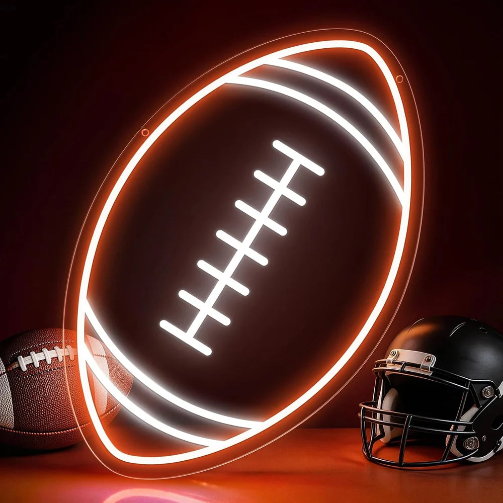 16×10 Inch Neon Wall Decor – Rugby Ball Silicone Neon Sign – USB Neon Light Orange & White Glow LED Wall Light | Neon Lamp with Accessories Included | Hanging Sports Decor for Bedroom, Game Room, Bar & Party Spaces