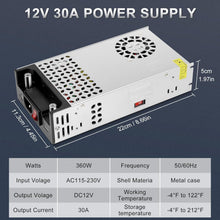 Laden Sie das Bild in den Galerie-Viewer, inShareplus Upgrade SMPS 12V 30A 360W DC Switching Power Supply, 240V AC to 12 Volt DC Converter and Transformer with UK Plug, LED Driver, Adapter for LED Strip Lights, 3D Printer, Computer Projects