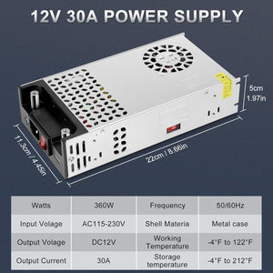 inShareplus Upgrade SMPS 12V 30A 360W DC Switching Power Supply, 240V AC to 12 Volt DC Converter and Transformer with UK Plug, LED Driver, Adapter for LED Strip Lights, 3D Printer, Computer Projects