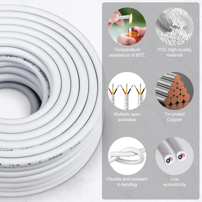 inShareplus 22AWG 3x0.3mm² 10 Meter Electrical Wire 3 Core Cable, 5V/12V/24V White Tinned Copper Wires, 22 Gauge 300V Flexible and Soft Outdoor Cable High Temperature Resistant Extension Cable