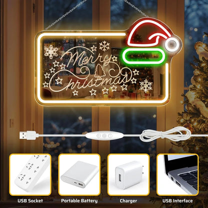 MERRY CHRISTMAS Mirror LED Sign – 16.5×10 Inch | 5V USB Powered Dimmable LED Light | Yellow, Red, Green & White Glow | Christmas Hat Design Hanging Sign with Accessories Included for Christmas Events, Retail Displays & Holiday Decorations