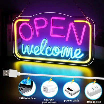 OPEN Welcome LED Silicone LED Store Signs – 16×9 Inch (41×23 cm) Horizontal Style | USB Powered Pink, Blue & Yellow Glow Light for  Store Entrances & Business Locations