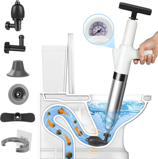 inShareplus Toilet Plunger, Grey Toilet Unblocker Heavy Duty, High Pressure Plunger Kit with 4 Replaceable Heads and 1 Gloves Plunger Sink Unblocker for Unblocking Toilets, Sink, Bathtub, Floor, Drain