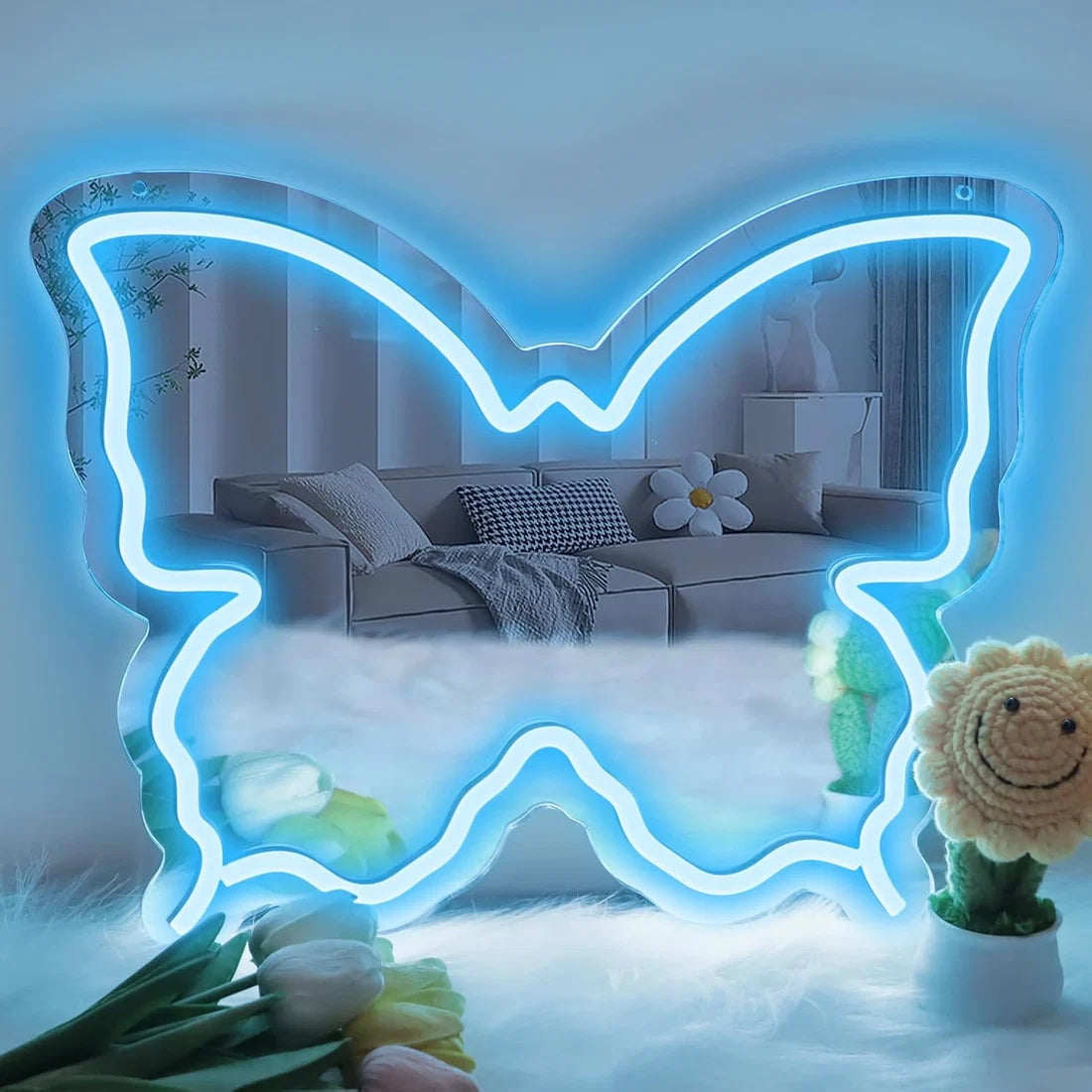 Ice Blue Butterfly - Beauty Mirror Signs – 15.7×12 inch Neon Outline | USB Powered | Perfect for Dressing Areas, Salon Interiors & Personal Spaces