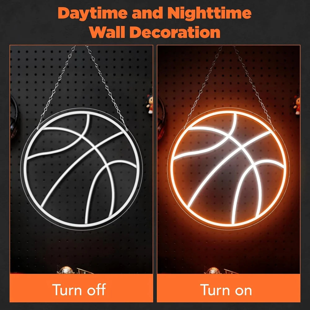 12.5×12.5 Inch Neon Wall Decor – Basketball Silicone Neon Sign – 5V USB Powered Dimmable Orange & White Glow LED Wall Light | Neon Lamp with Accessories Included | Hanging Sports Decor for Bedroom, Game Room, Bar & Party Spaces
