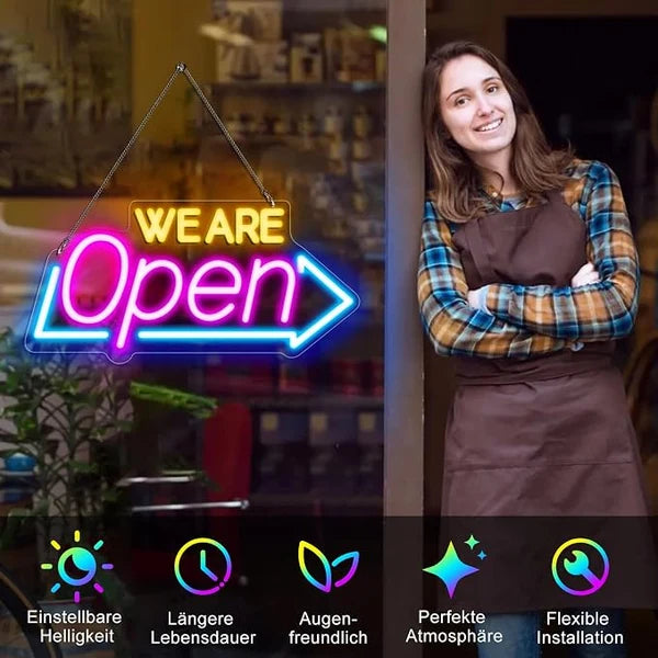 WE ARE OPEN Silicone LED Store Signs – USB Powered | 16.1×7.8 inch | Arrow Shape LED Window Sign |  2 Color Options for  Store Entrances & Business Locations