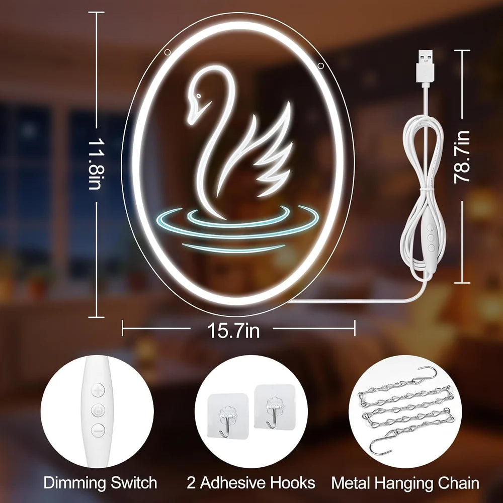 15.7×11.8 Inch Neon Wall Decor – Swan Silicone Neon Sign – 5V USB Powered Dimmable White Glow LED Wall Light | Engraved Design Neon Lamp with Accessories Included | Hanging Decor for Bedroom, Vanity Room, Home & Party Spaces
