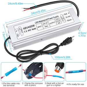 inShareplus 48V 400W LED Power Supply, IP67 Rainproof Waterproof Outdoor Driver,AC 90-140V to DC 48V Low Voltage Transformer, Adapter Converter for LED Light, Computer Project, Outdoor Use