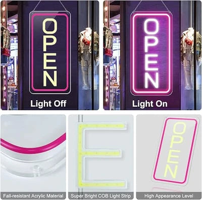 OPEN LED Store Signs – 22.8×11.8 Inch | 12V Powered Pink & White Glow Light | Horizontal & Vertical Style with US Plug for  Store Entrances & Business Locations