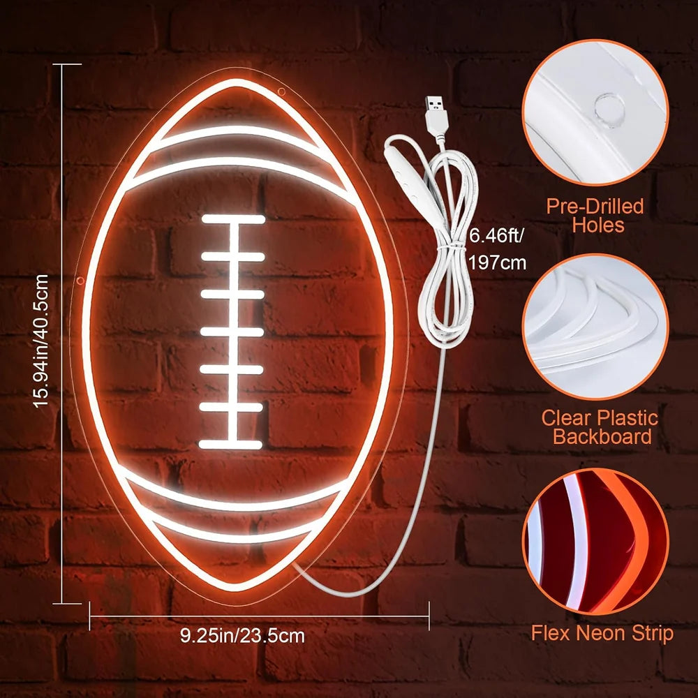 16×10 Inch Neon Wall Decor – Rugby Ball Silicone Neon Sign – USB Neon Light Orange & White Glow LED Wall Light | Neon Lamp with Accessories Included | Hanging Sports Decor for Bedroom, Game Room, Bar & Party Spaces