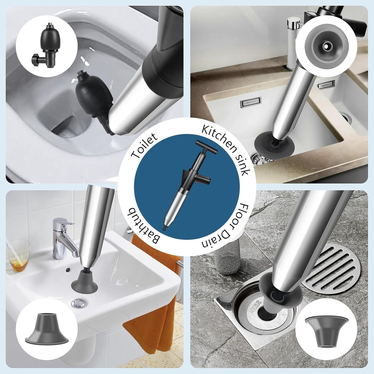 inShareplus Toilet Plunger, Black Toilet Unblocker Heavy Duty, High Pressure Plunger Kit with 4 Replaceable Heads and 1 Gloves Plunger Sink Unblocker for Unblocking Toilets, Sink, Bathtub, Floor