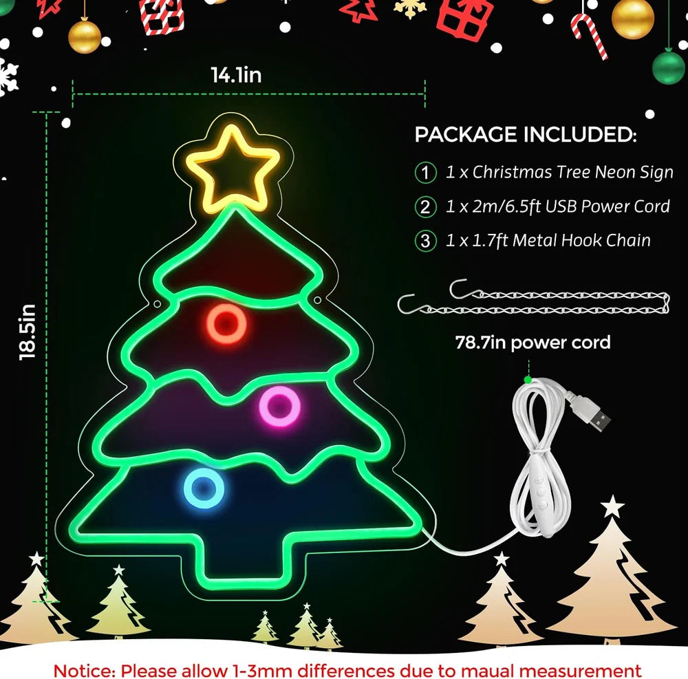 18.5×14.17 Inch Neon Wall Decor – Christmas Tree Silicone Neon Sign – USB Neon Light for Wall Decor | Dimmable Neon Lamp with Accessories Included | Hanging Holiday Decor for Christmas Party, Bedroom & Home Spaces