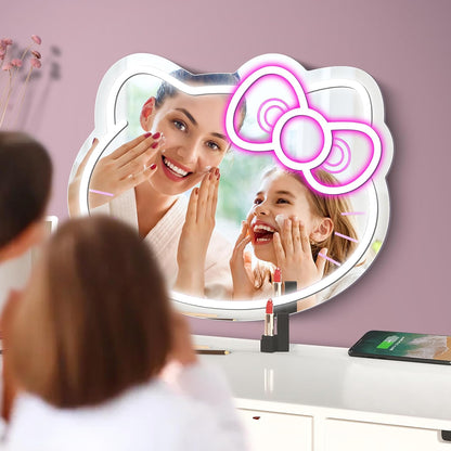 inShareplus Anime Hello Kit Neon Sign Mirror Vanity, 14"x12" Cute Cat LED Neon Lights Gifts, 5V USB Dimmable Light Up Wall Mirror for Teen Girl Gift, Bedroom, Room Decor, Dressing Table