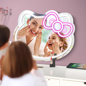 inShareplus Anime Hello Kit Neon Sign Mirror Vanity, 14"x12" Cute Cat LED Neon Lights Gifts, 5V USB Dimmable Light Up Wall Mirror for Teen Girl Gift, Bedroom, Room Decor, Dressing Table