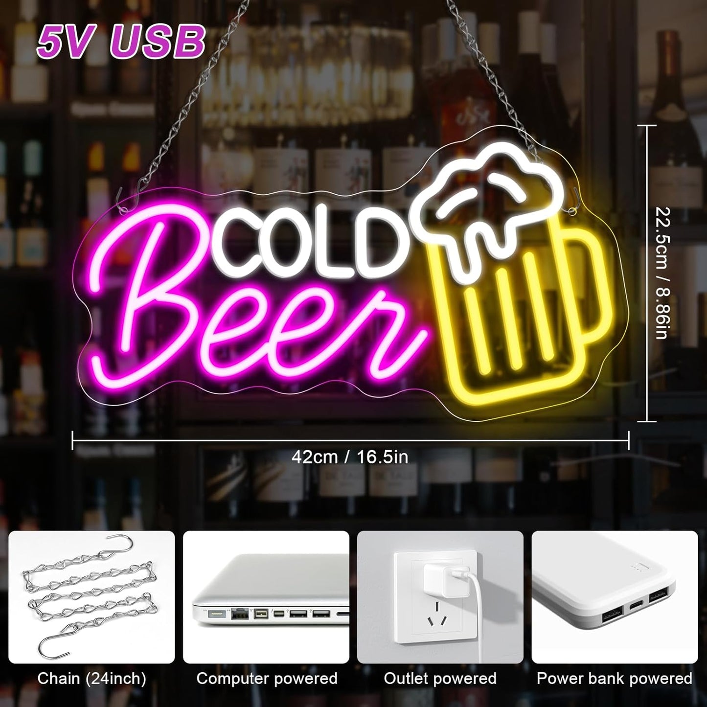 inShareplus Beer Neon Sign, LED Sign for Bar Decoration, Dimmable Bar Sign with USB Powered, Beer Bar Neon Light for Bar, Club, Party, Bistro, Shop