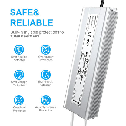 24V Outdoor Waterproof LED Power Supply 200W–500W, 90–140V Input, Single/Dual Wire Output, Aluminum Housing, Landscape & Outdoor Lighting, CE/RoHS/FCC Certified, Waterproof Transformer for Outdoor Lighting, US Plug