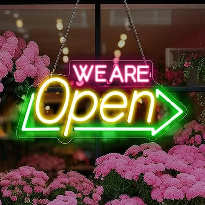 WE ARE OPEN Silicone LED Store Signs – USB Powered | 16.1×7.8 inch | Arrow Shape LED Window Sign |  2 Color Options for  Store Entrances & Business Locations