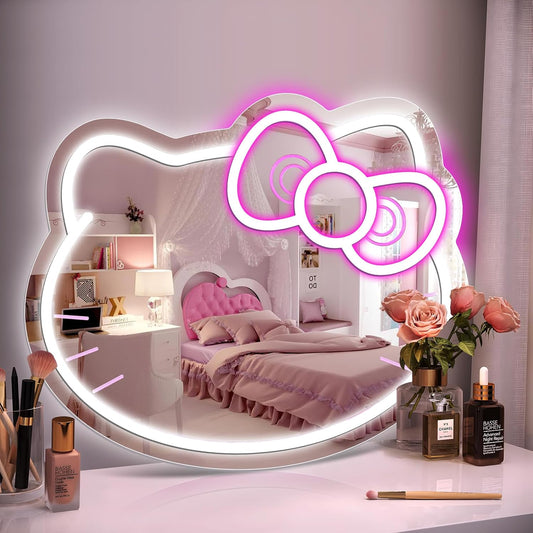 inShareplus Anime Hello Kit Neon Sign Mirror Vanity, 14"x12" Cute Cat LED Neon Lights Gifts, 5V USB Dimmable Light Up Wall Mirror for Teen Girl Gift, Bedroom, Room Decor, Dressing Table