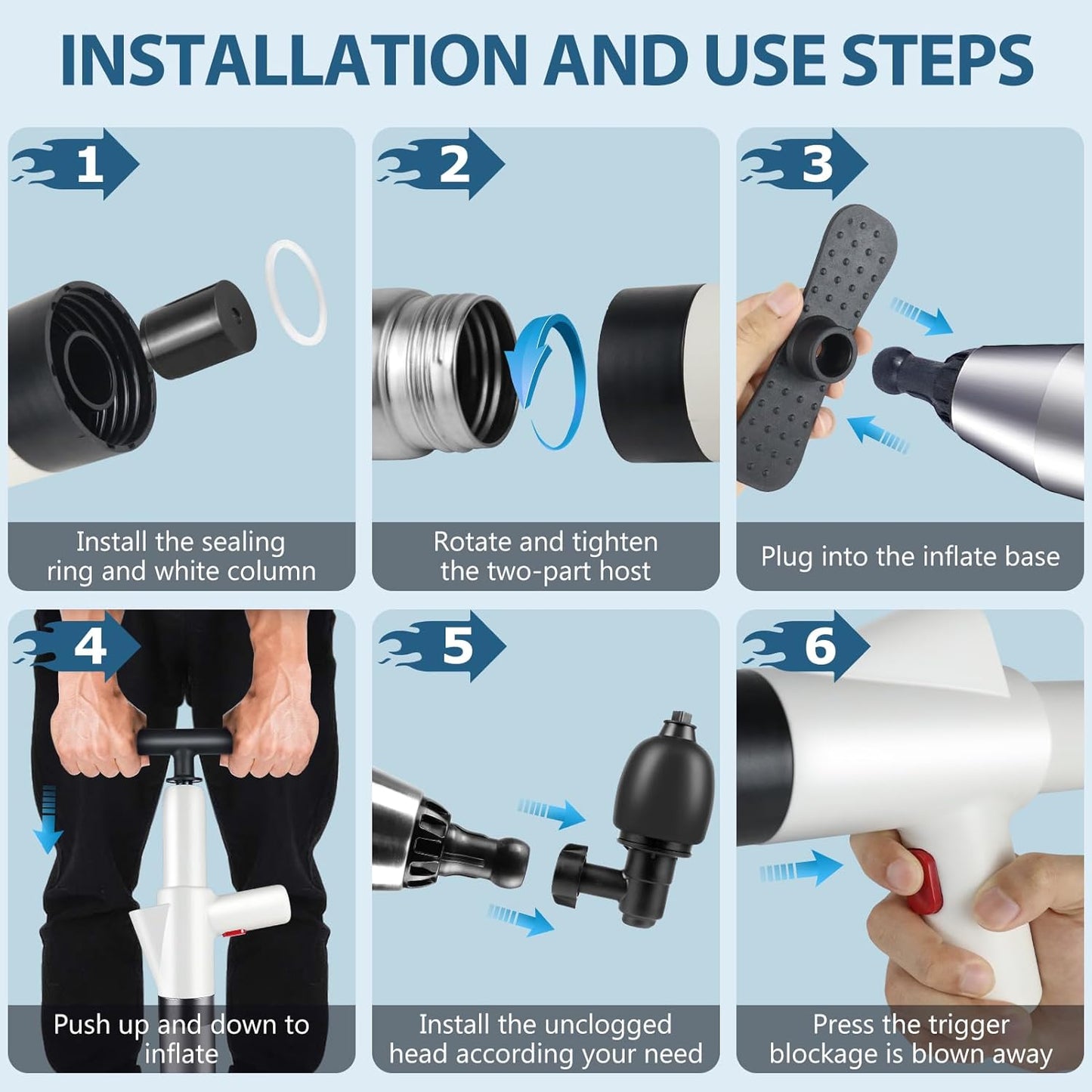 inShareplus Toilet Plunger, White Drain Cleaner Pump, Compressed Air Pipe Cleaner Kit with 4 Interchangeable Heads, Plunger Drain for Clearing Toilets, Sink, Bathtub, Floor, Drain