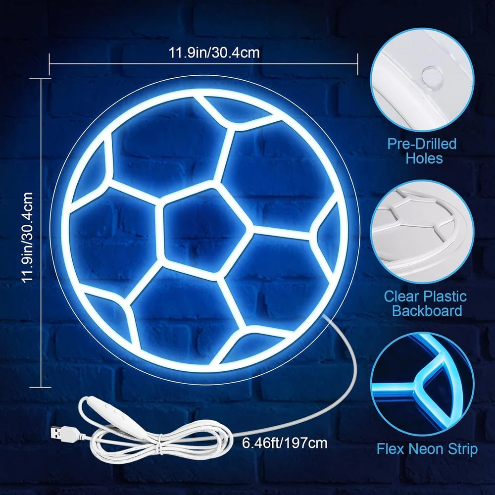 12×12 Inch Neon Wall Decor – Silicone Neon Sports Sign | 5V USB Powered Dimmable Ice Blue Glow LED Wall Light | Volleyball & Soccer Ball Design Options with Accessories Included | Sports Decor for Game Rooms, Bars & Entertainment Spaces