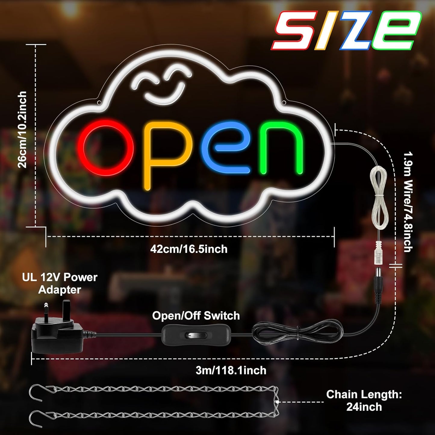 16.5"x 10.2" LED Neon Open Sign for Business, Ultra Bright Lighted Sign Open with ON/OFF Switch, Cloud Electric Light up Sign for Stores, Restaurants Offices Retail Shops Window Storefronts
