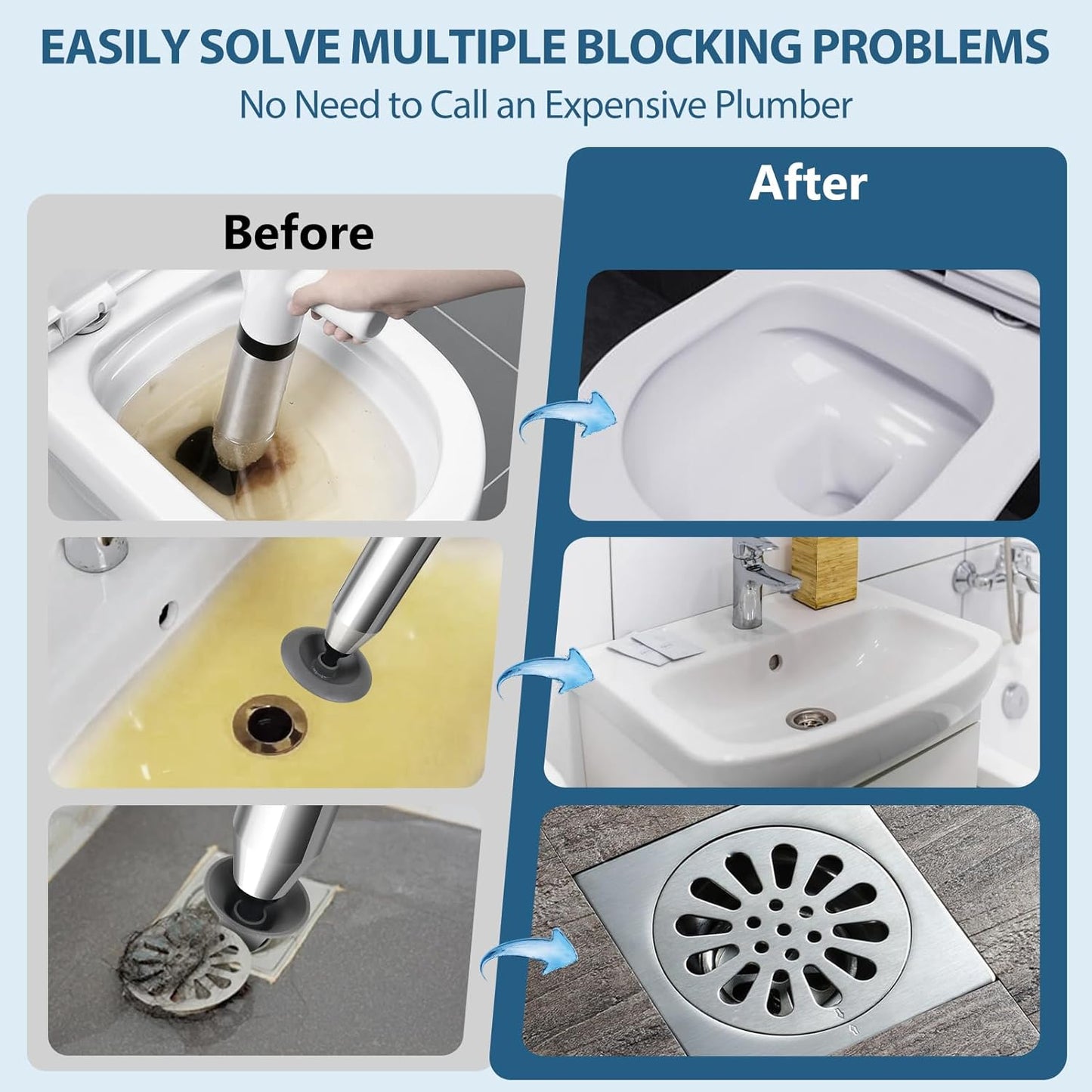 inShareplus Toilet Plunger, White Toilet Unblocker Heavy Duty, High Pressure Plunger Kit with 4 Replaceable Heads, Plunger Sink Unblocker for Unblocking Toilets, Sink, Bathtub, Floor, Drain