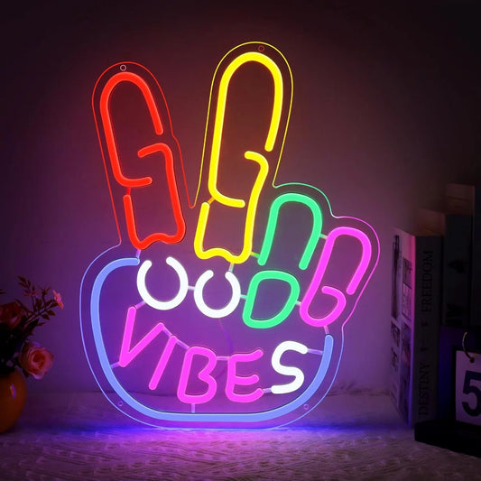 17×13 Inch Neon Wall Decor with Good Vibes Hand Gesture LED Neon Sign –  USB Powered | Multi-Color LED Wall Decor for Ambiance & Vibe Enhancement | Hanging