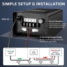 150W Low Voltage Lighting Transformer – 120V to 12V/15V AC, Timer & Internal Photocell, Low Voltage Power Supply for Outdoor LED Lighting