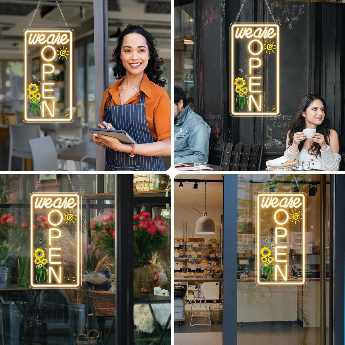 We Are Open Vertical Silicone LED Store Signs – Warm White / Neutral White  | 16.5 × 9 inch |Window Hanging |12V Plug & Play Storefront Neon Decor for  Store Entrances & Business Locations