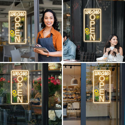 We Are Open Vertical Silicone LED Store Signs – Warm White / Neutral White  | 16.5 × 9 inch |Window Hanging |12V Plug & Play Storefront Neon Decor for  Store Entrances & Business Locations