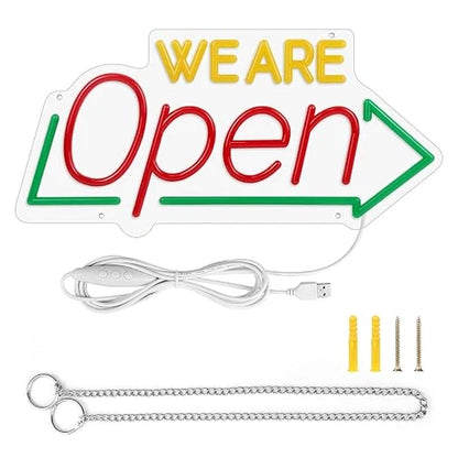 WE ARE OPEN Integrated LED Store Signs – USB Powered | 16.1×7.8 inch | Arrow Shape LED Window Sign |  Yellow + Red + Green Glow for Store Entrances & Business Locations