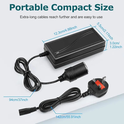 72W Desktop LED Adapter Cigarette Lighter DC 12V, AC 100–240V Input, with UK Plug, Converter Transformer — for Car Accessories, Tire Inflators, Portable Coolers, Car Vacuum Cleaners and 12V Automotive Devices