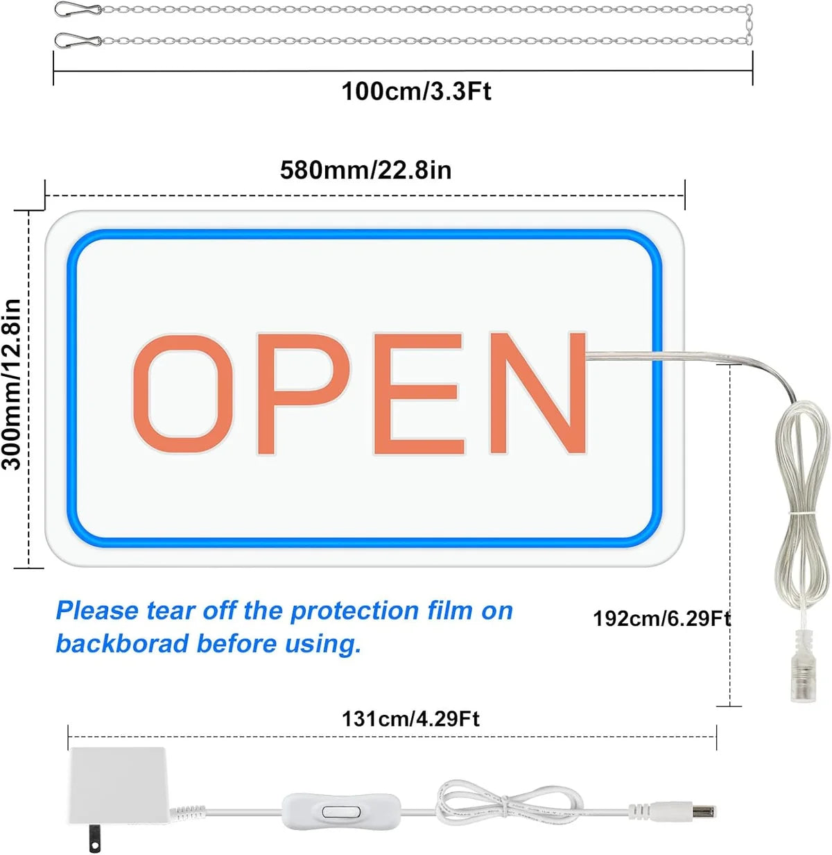 OPEN LED Store Signs – Rectangular | 5 Glow Color Options | 16×9 / 23×12 Inch | Window Hanging | 12V Adapter with US Plug | Plug & Play for  Store Entrances & Business Locations