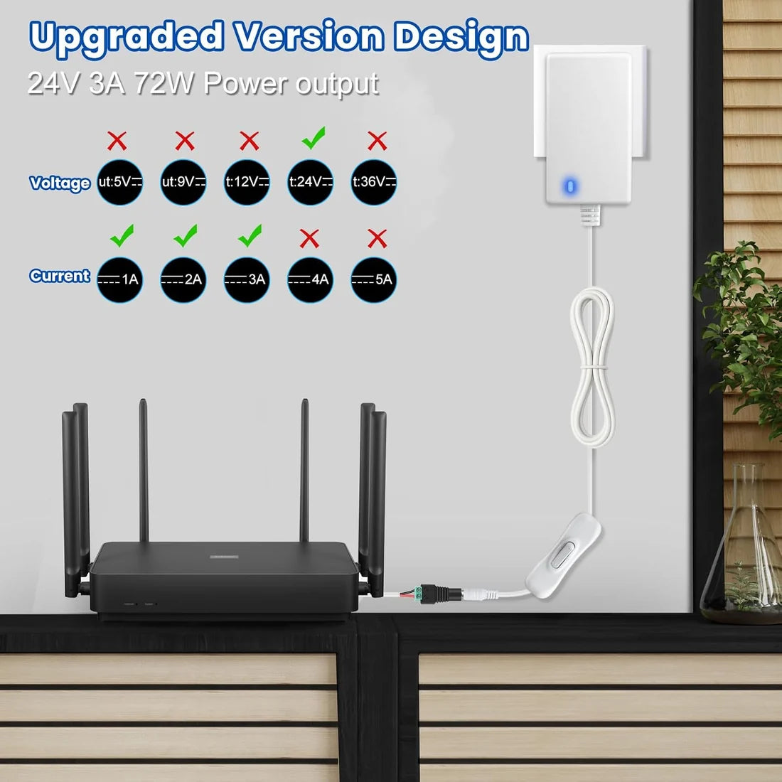 DC 12V Plug-in Power Adapter with On/Off Switch, 24W, US Plug, White Housing, 100–240V AC Input - Power Supply for LED Lighting and Home Applications
