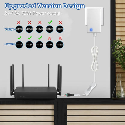 DC 12V Plug-in Power Adapter with On/Off Switch, 24W, US Plug, White Housing, 100–240V AC Input - Power Supply for LED Lighting and Home Applications