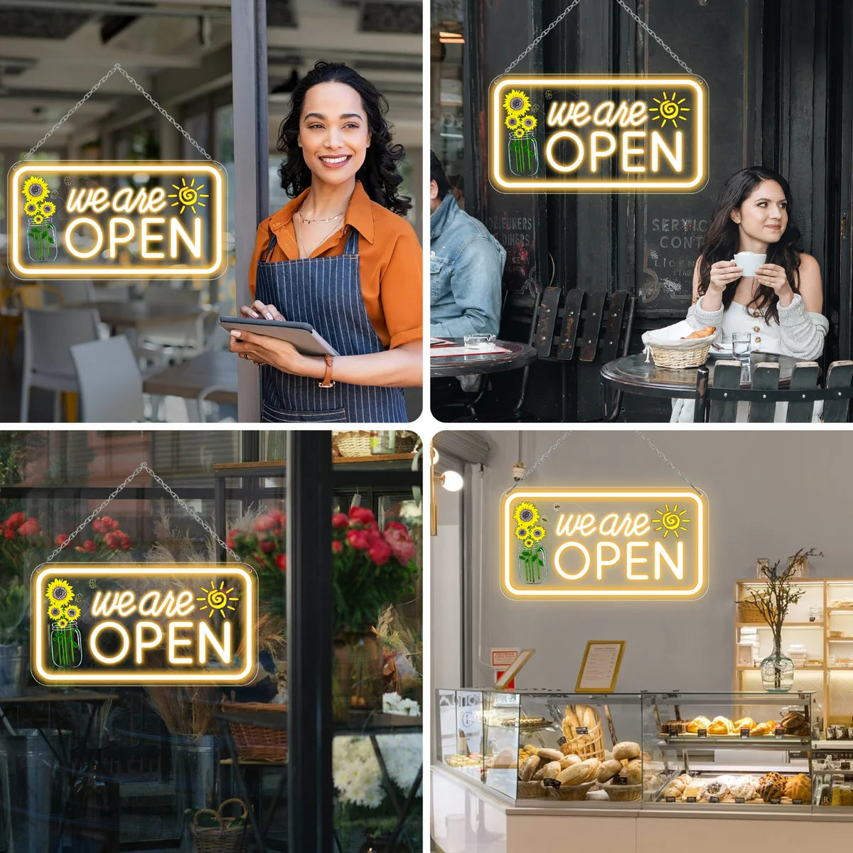We Are Open Silicone LED Store Signs with Sunflower Decor | Warm White / Neutral White | 16.5 × 9 / 23×12 inch | 12V Plug & Play Storefront Neon Decor for  Store Entrances & Business Locations