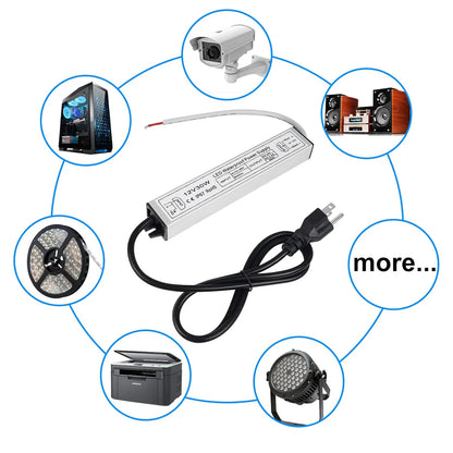 12V Outdoor Waterproof LED Power Supply 30W–100W, 90–265V Input, Single Wire Output, Aluminum Housing, Landscape & Outdoor Lighting, CE/RoHS/FCC Certified, Waterproof Transformer for Outdoor Lighting, US/UK/EU Plug