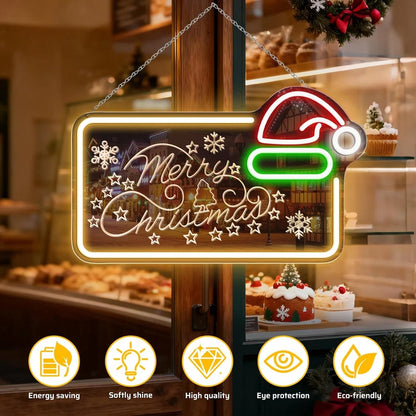 MERRY CHRISTMAS Mirror LED Sign – 16.5×10 Inch | 5V USB Powered Dimmable LED Light | Yellow, Red, Green & White Glow | Christmas Hat Design Hanging Sign with Accessories Included for Christmas Events, Retail Displays & Holiday Decorations
